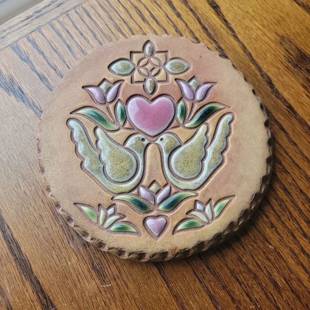 Vtg NAN GROVES Signed Art Pottery Bread Warmer Tile Wall Hanger Hearts Doves